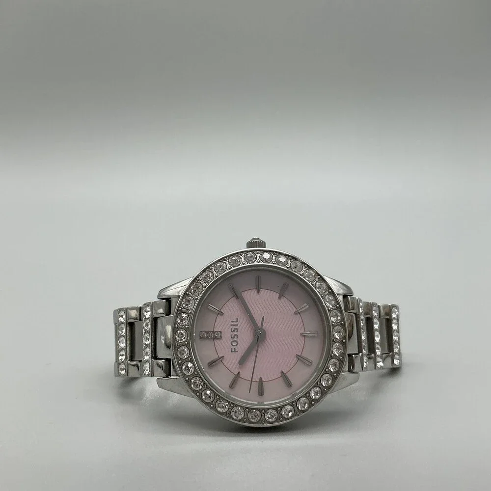 Fossil Womens Watch 34mm Pink MOP Crystals Stainless Bracelet New Battery 6